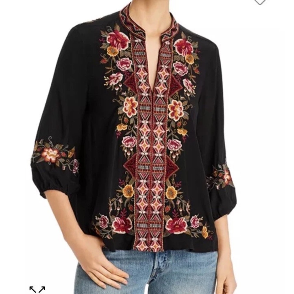 Johnny Was Nepal Embroidered 100% Silk Peasant mandarin Effortless Swing Blouse